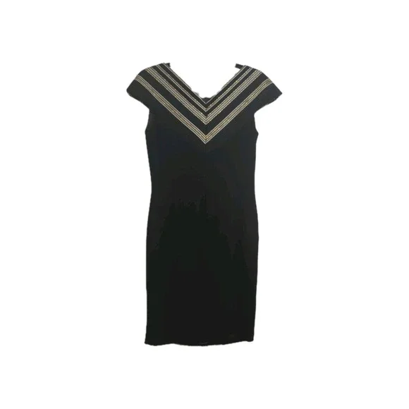 THEIA 881797 Gilded Striped Bodice Cocktail Dress Black Gold Beaded Size 0  $1000